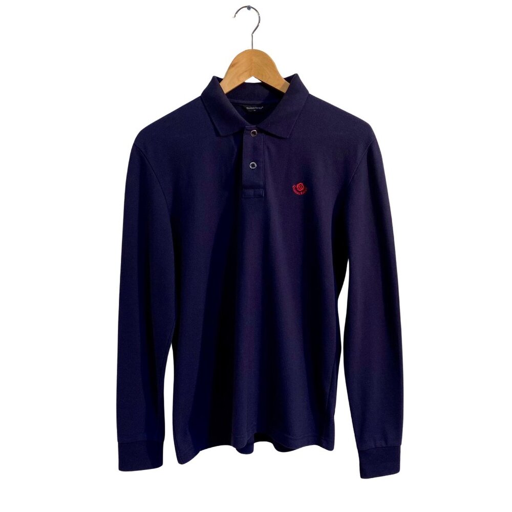 QUANTUM ENERGY Navy Blue Men's Long Sleeve Cotton Polo Sz. 100 / S (Vintage)